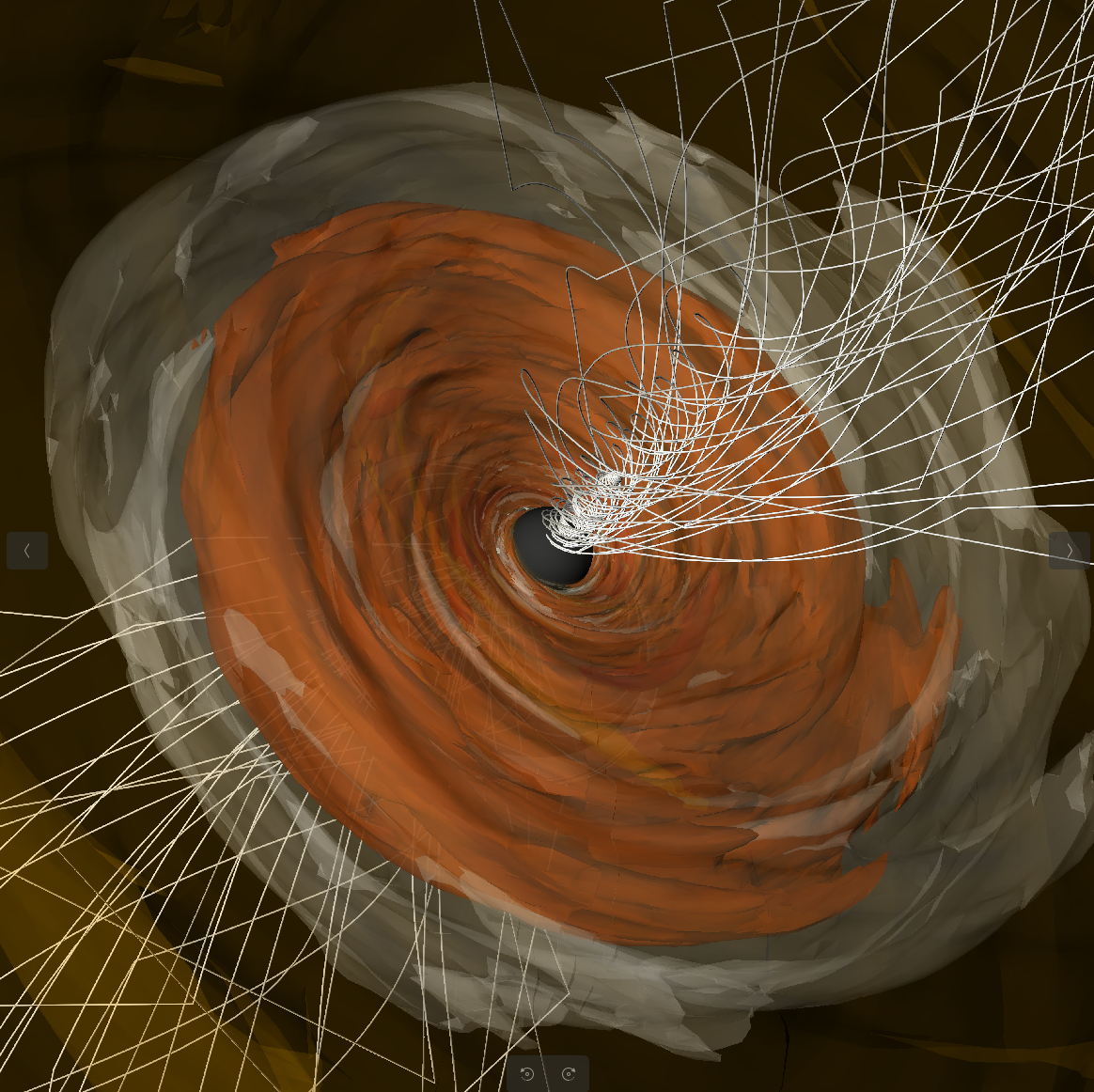 A computer simulation of a disk of plasma around the supermassive black hole at the center of the M87 galaxy. A new analysis of the circularly polarized, or spiraling light, in EHT observations shows that magnetic fields near the black hole are strong. These magnetic fields push back on infalling matter and help launch jets of matter at velocities near the speed of light out. Image credit: George Wong